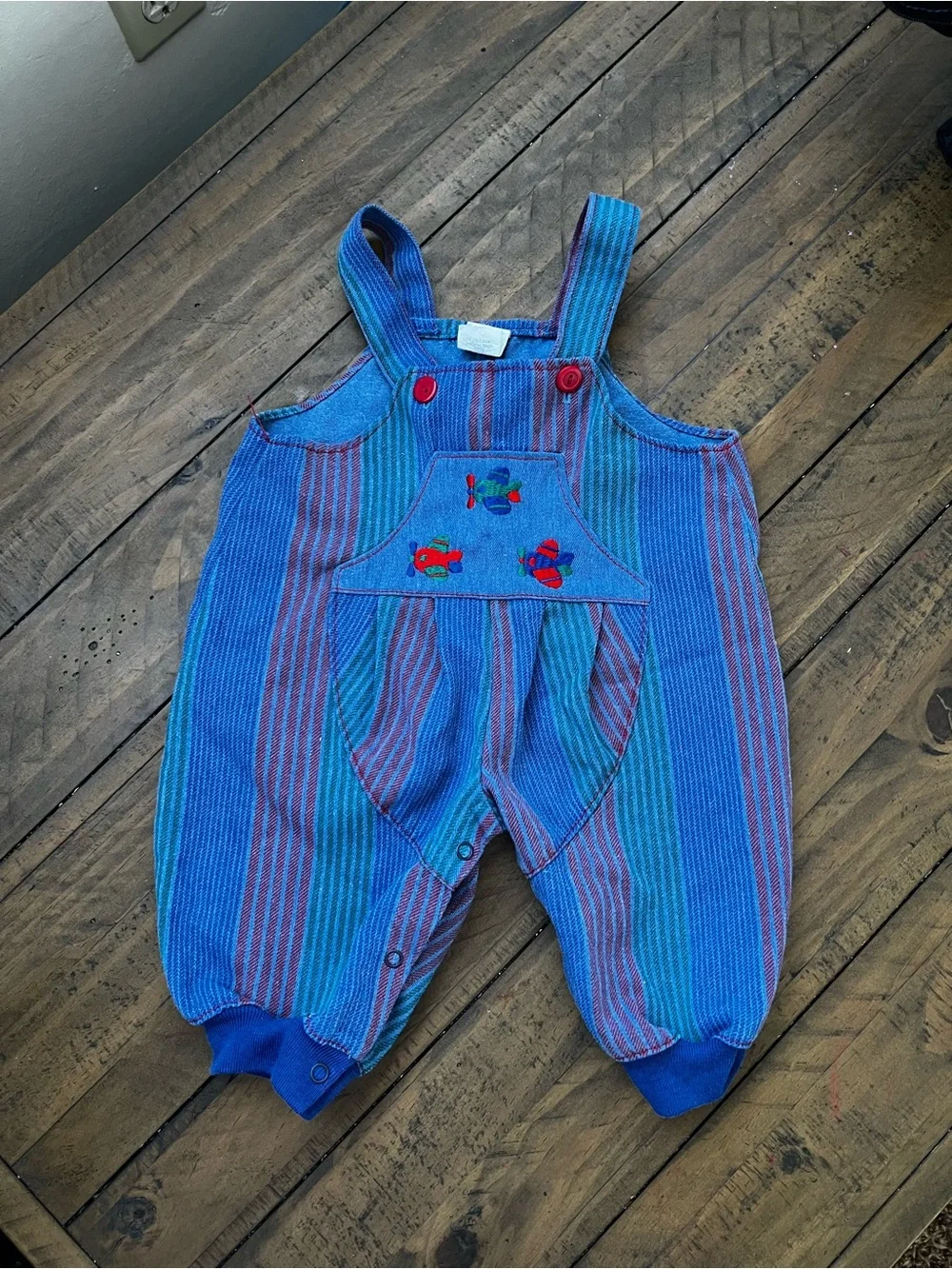 Vintage Baby Striped Blue Overalls with Airplane Embroidery